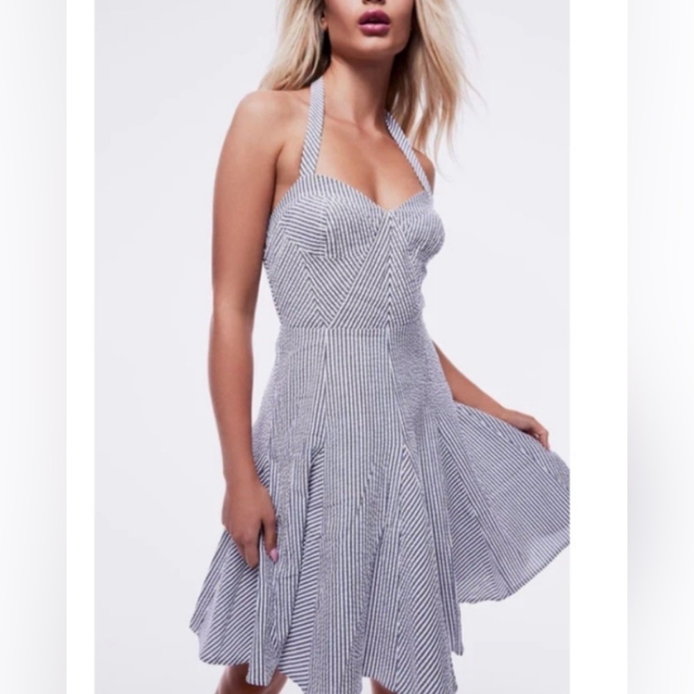 Betsey Johnson striped blue and white seersucker halter mini dress (L)